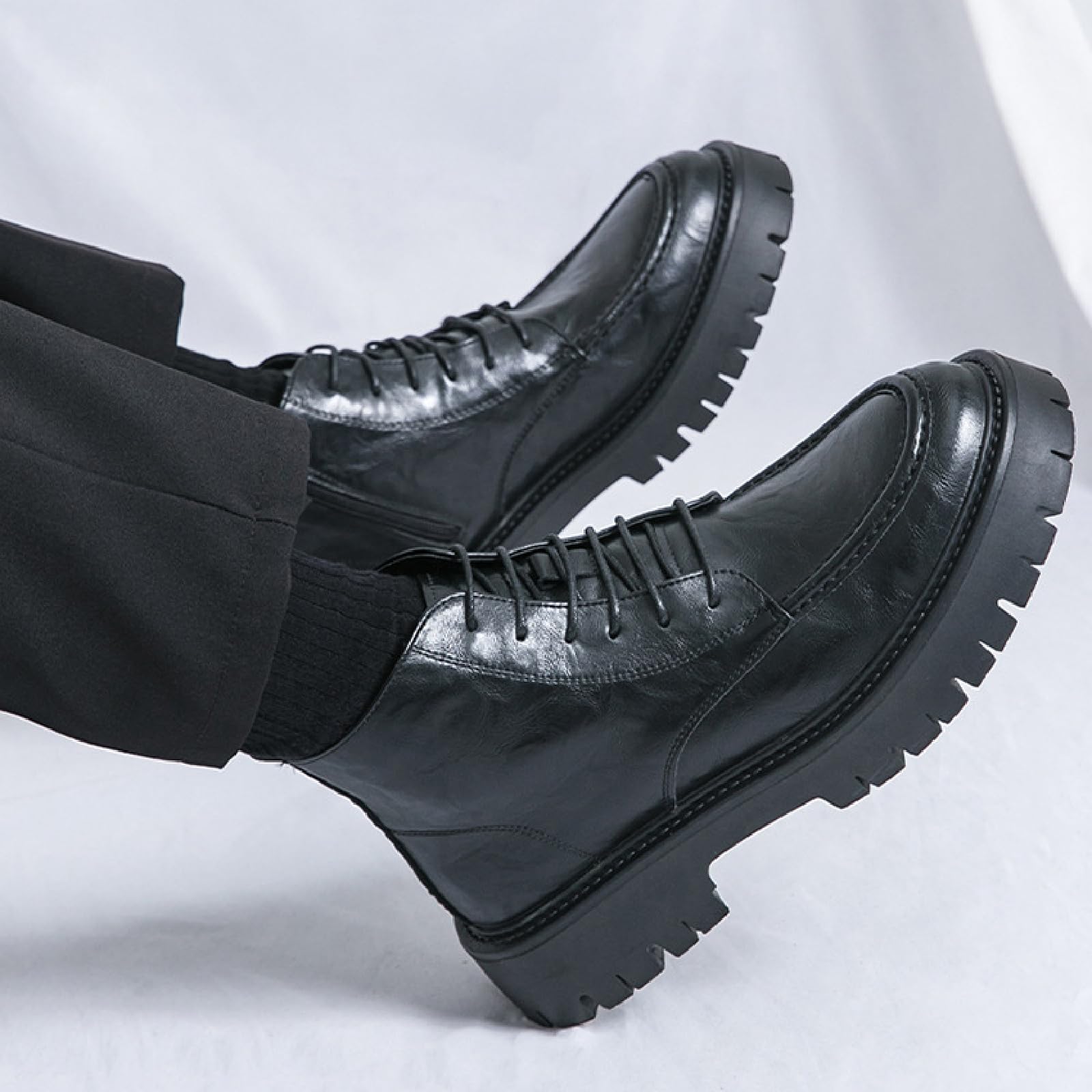 Men's Textured Leather Platform Chunky Low Heel Combat Boots with Side Zipper Vintage Round Toe Lug Sole Non-Slip Lace-Up Motorcycle Boots Work Office Business Casual Oxfords (Black,10)