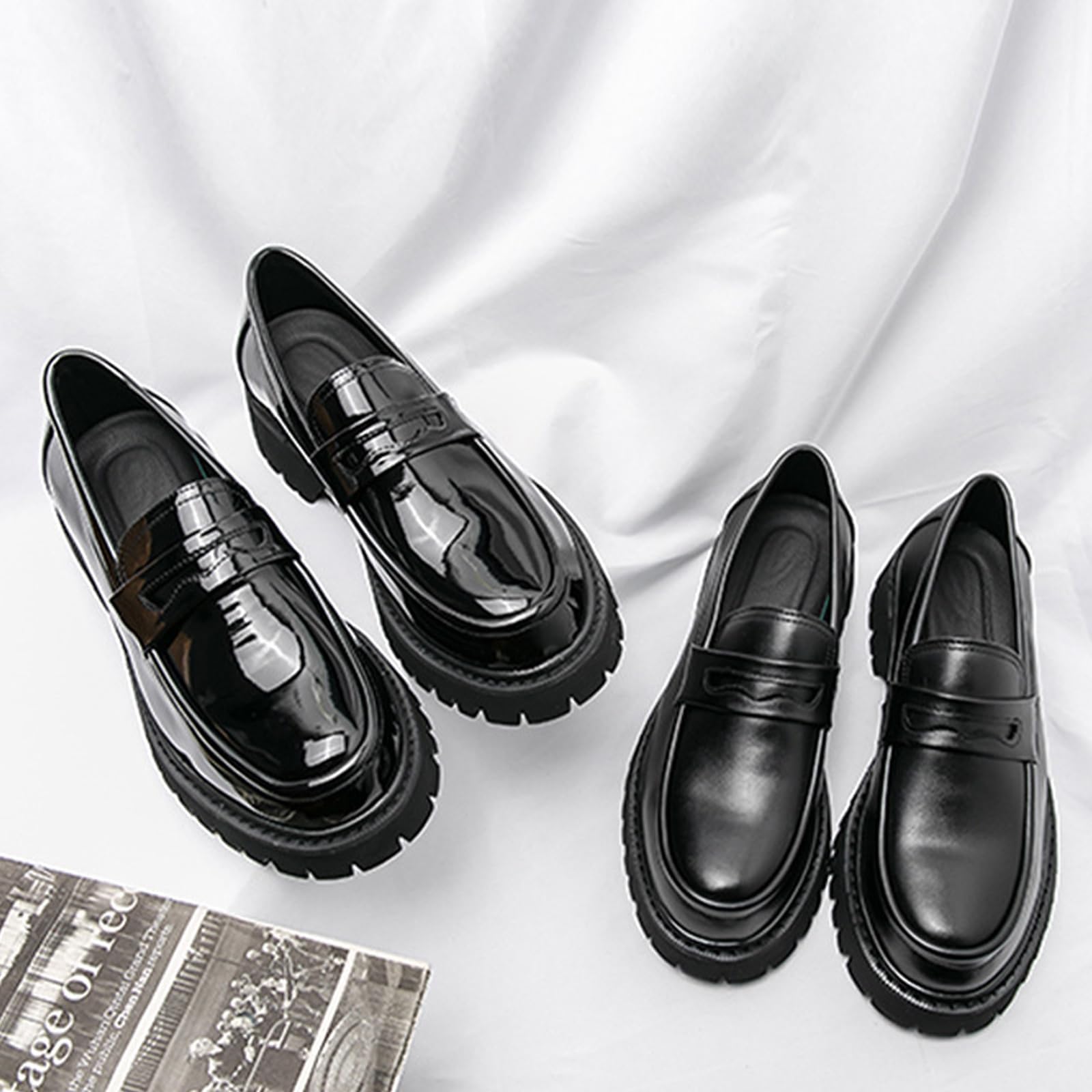 Men's Leather Platform Chunky Slip-On Penny Loafers Classic Round Toe Lug Sole Business Casual Formal Work Shoes (Black,6)