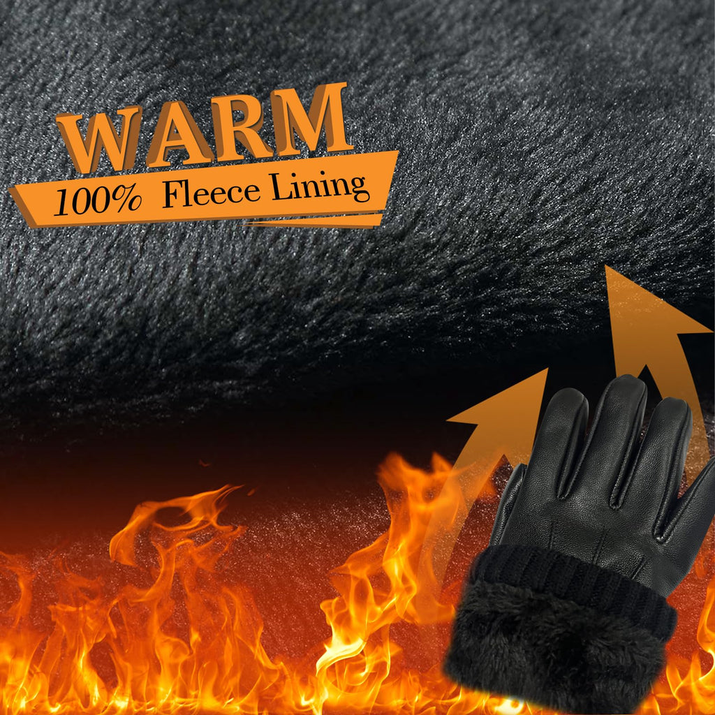 SANKUU Black Leather Gloves for Men, Winter Warm Touchscree Cycling Gloves Outdoor Riding Warm Linner Waterproof Gloves(Large)