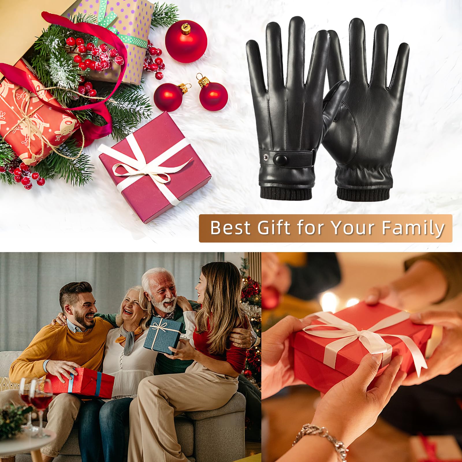 SANKUU Black Leather Gloves for Men, Winter Warm Touchscree Cycling Gloves Outdoor Riding Warm Linner Waterproof Gloves(Large)
