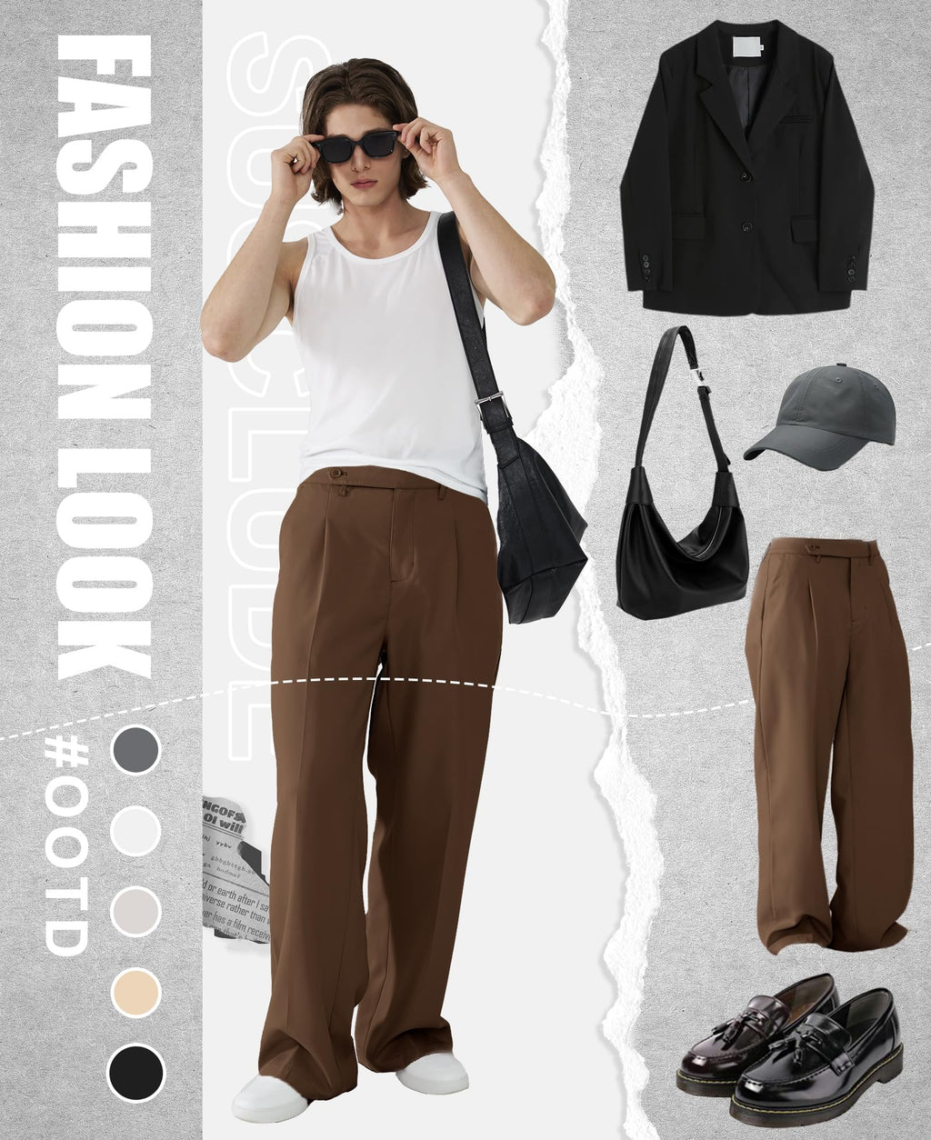 Susclude Wide Leg Dress Pants Men Pleated Baggy Casual Pants Mens Pants Relaxed Fit Trousers for Men with Pockets Brown