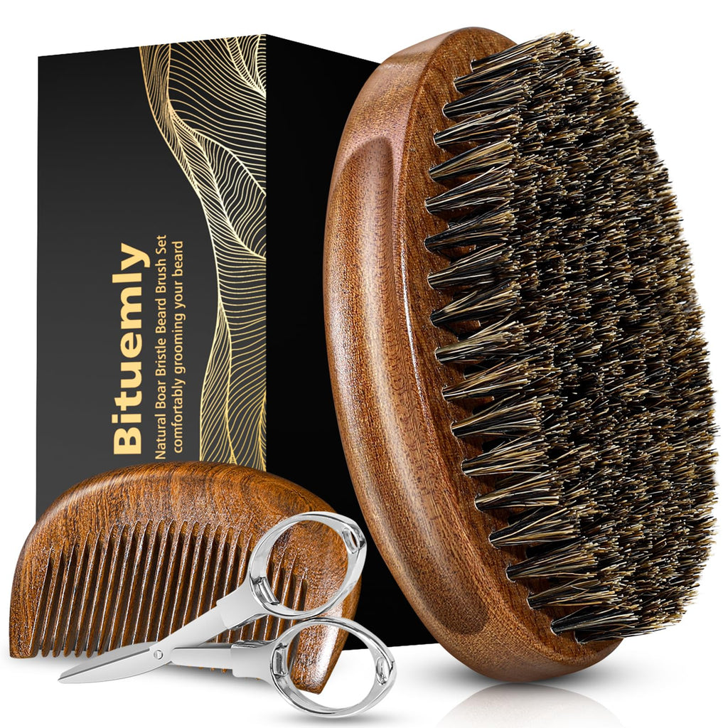 Bituemly Beard Brush, Natural Boar Bristles Beard Brush for Men and Wooden Sandalwood Pocket Beard Comb Set, Facial Hair Grooming Kit with Mustache Scissors as a Styling Tool, Growth, Detangles, Shine
